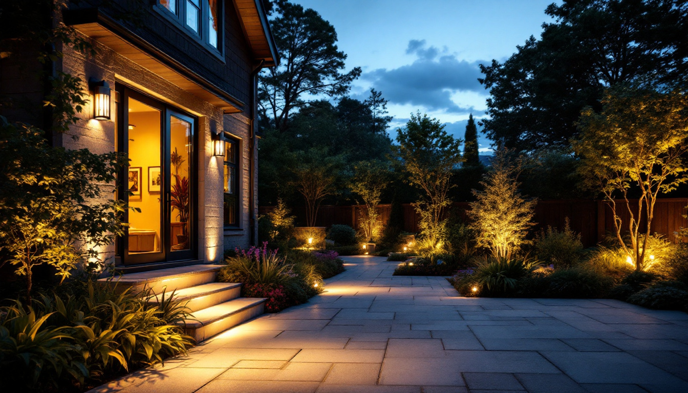 A photograph of a beautifully illuminated outdoor space featuring various volt lighting fixtures in a residential setting