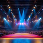 A photograph of a modern indoor arena illuminated with dynamic lighting