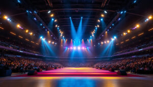 A photograph of a modern indoor arena illuminated with dynamic lighting