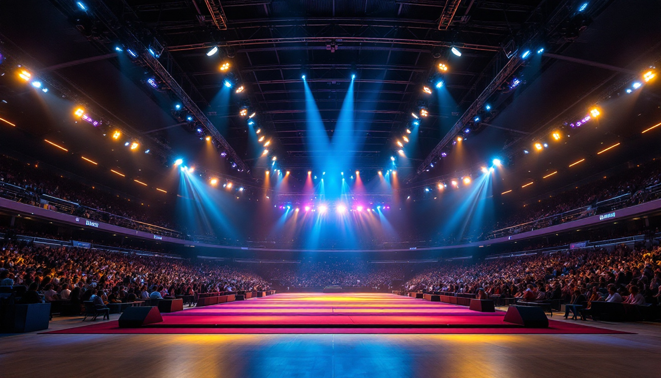 A photograph of a modern indoor arena illuminated with dynamic lighting