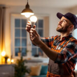 A photograph of a lighting contractor installing a gu24 led bulb in a modern home setting
