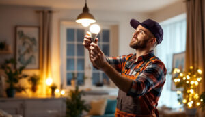 A photograph of a lighting contractor installing a gu24 led bulb in a modern home setting