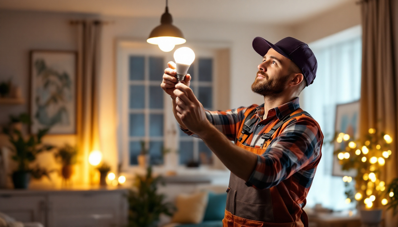 A photograph of a lighting contractor installing a gu24 led bulb in a modern home setting