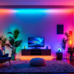 A photograph of a stylishly lit room showcasing various rgb lighting options
