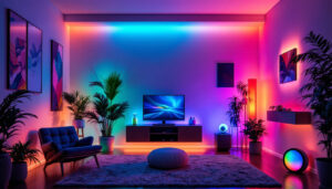 A photograph of a stylishly lit room showcasing various rgb lighting options
