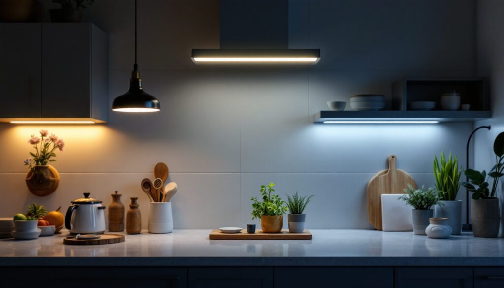 A photograph of a well-lit kitchen showcasing a modern fluorescent light fixture alongside alternative lighting options