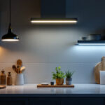 A photograph of a well-lit kitchen showcasing a modern fluorescent light fixture alongside alternative lighting options