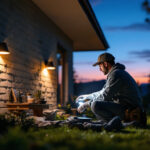 A photograph of a lighting contractor installing solar led lights in a residential outdoor space
