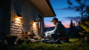 A photograph of a lighting contractor installing solar led lights in a residential outdoor space