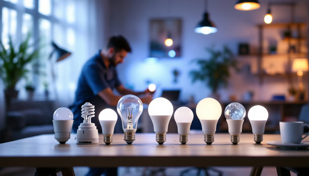 A photograph of a well-lit workspace featuring a variety of led pot light bulbs in different styles and wattages