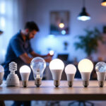A photograph of a well-lit workspace featuring a variety of led pot light bulbs in different styles and wattages