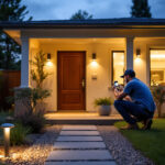 A photograph of a well-lit outdoor space featuring motion-sensing lights in action