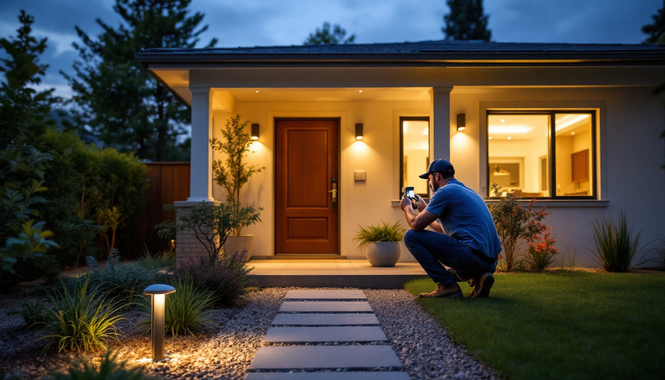 A photograph of a well-lit outdoor space featuring motion-sensing lights in action