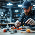 A photograph of a lighting contractor examining various electrical materials