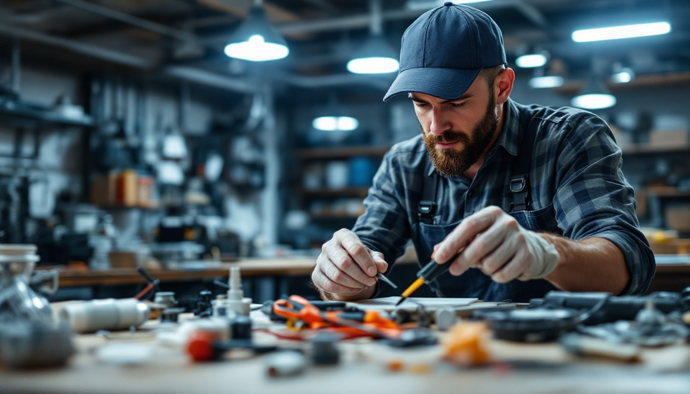 A photograph of a lighting contractor examining various electrical materials