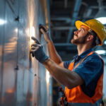 A photograph of a lighting contractor in action