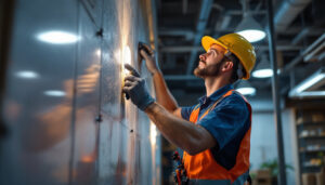 A photograph of a lighting contractor in action