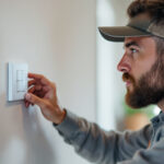 A photograph of a lighting contractor installing a 4-way smart switch in a modern home setting