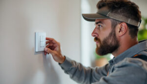 A photograph of a lighting contractor installing a 4-way smart switch in a modern home setting