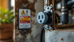 A photograph of a close-up view of a dryer plug outlet in a residential setting