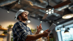 A photograph of a lighting contractor examining a stylish ceiling fan in a well-lit showroom