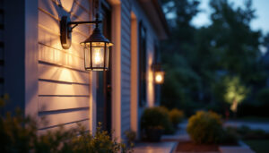 A photograph of a beautifully illuminated porch scene at dusk