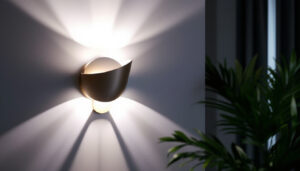 A photograph of a beautifully designed wall sconce illuminated in a stylish interior setting