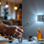 A photograph of a lighting contractor installing an outlet with a switch in a modern home setting