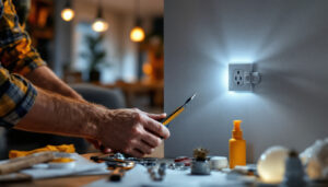 A photograph of a lighting contractor installing an outlet with a switch in a modern home setting