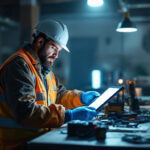A photograph of a lighting contractor using lumen scale technology on-site