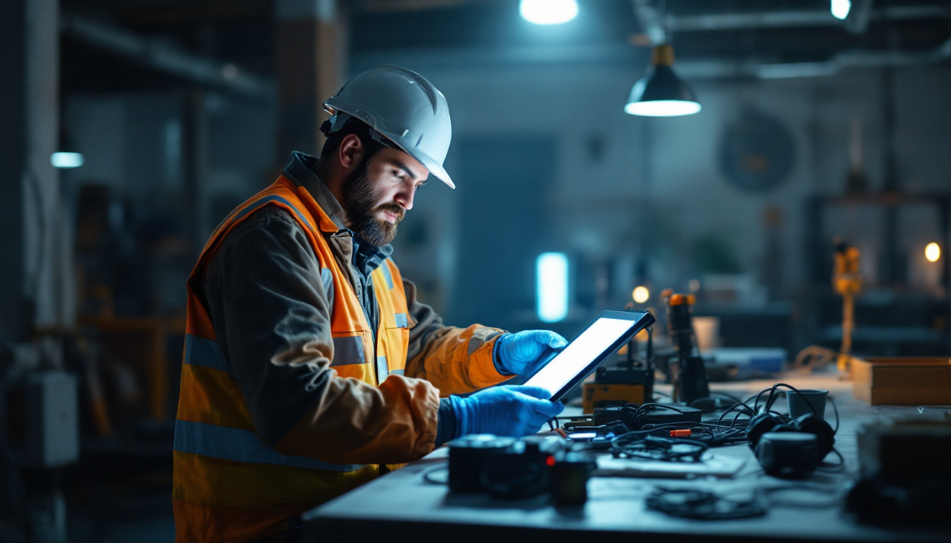 A photograph of a lighting contractor using lumen scale technology on-site