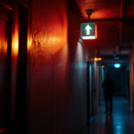 A photograph of a dimly lit corridor featuring a prominently illuminated emergency exit sign