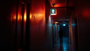 A photograph of a dimly lit corridor featuring a prominently illuminated emergency exit sign