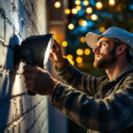 A photograph of a lighting contractor skillfully installing or adjusting flood outdoor lights in a beautifully illuminated outdoor setting