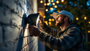 A photograph of a lighting contractor skillfully installing or adjusting flood outdoor lights in a beautifully illuminated outdoor setting