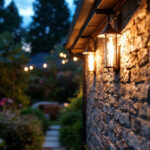 A photograph of a skilled lighting contractor installing outdoor recessed lights in a beautifully landscaped garden setting