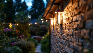 A photograph of a skilled lighting contractor installing outdoor recessed lights in a beautifully landscaped garden setting