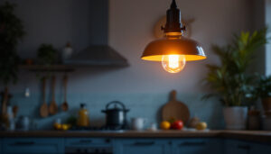 A photograph of a beautifully designed hanging kitchen light fixture illuminating a cozy kitchen space
