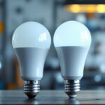 A photograph of a side-by-side comparison of led and fluorescent bulbs