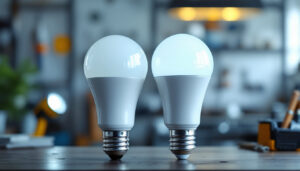 A photograph of a side-by-side comparison of led and fluorescent bulbs