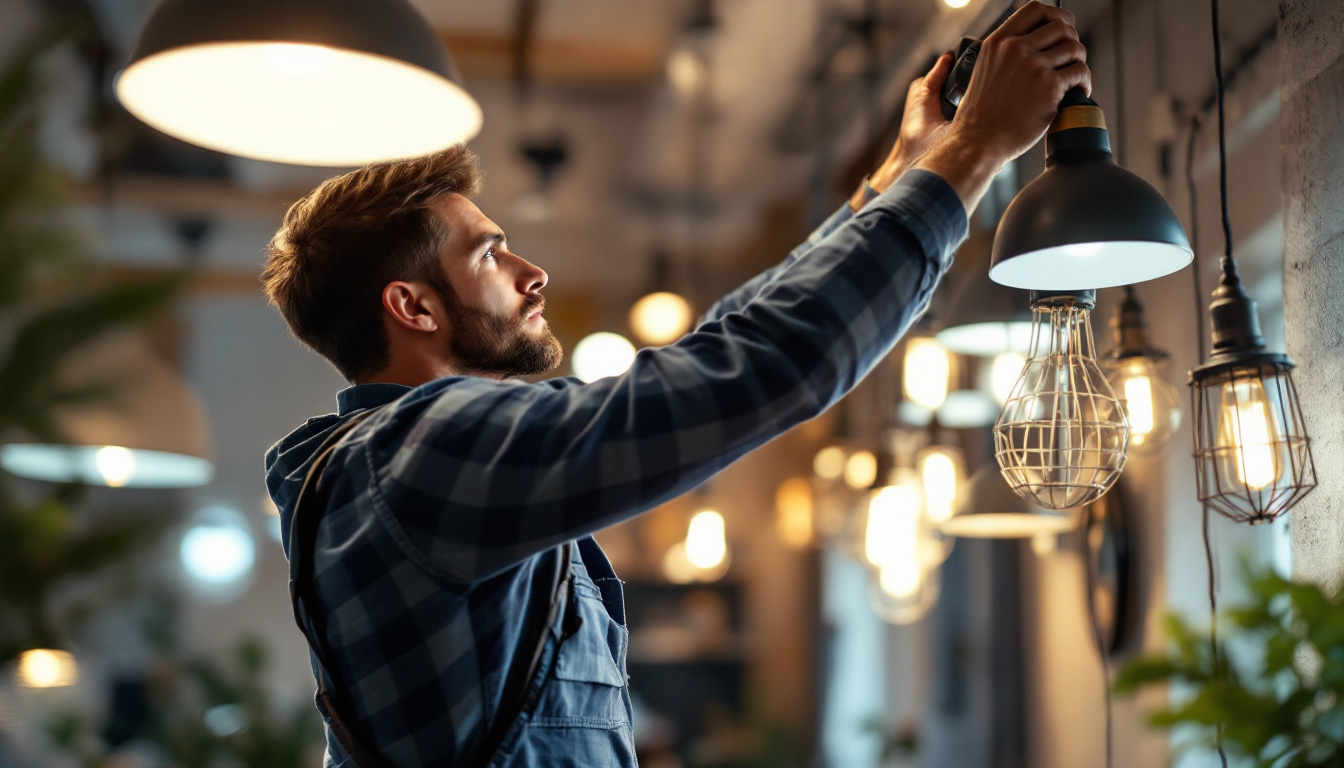 A photograph of a skilled lighting contractor meticulously adjusting and installing various types of metal light fixtures in a modern interior space