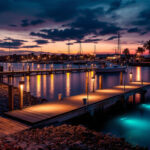 A photograph of a well-lit dock area at dusk