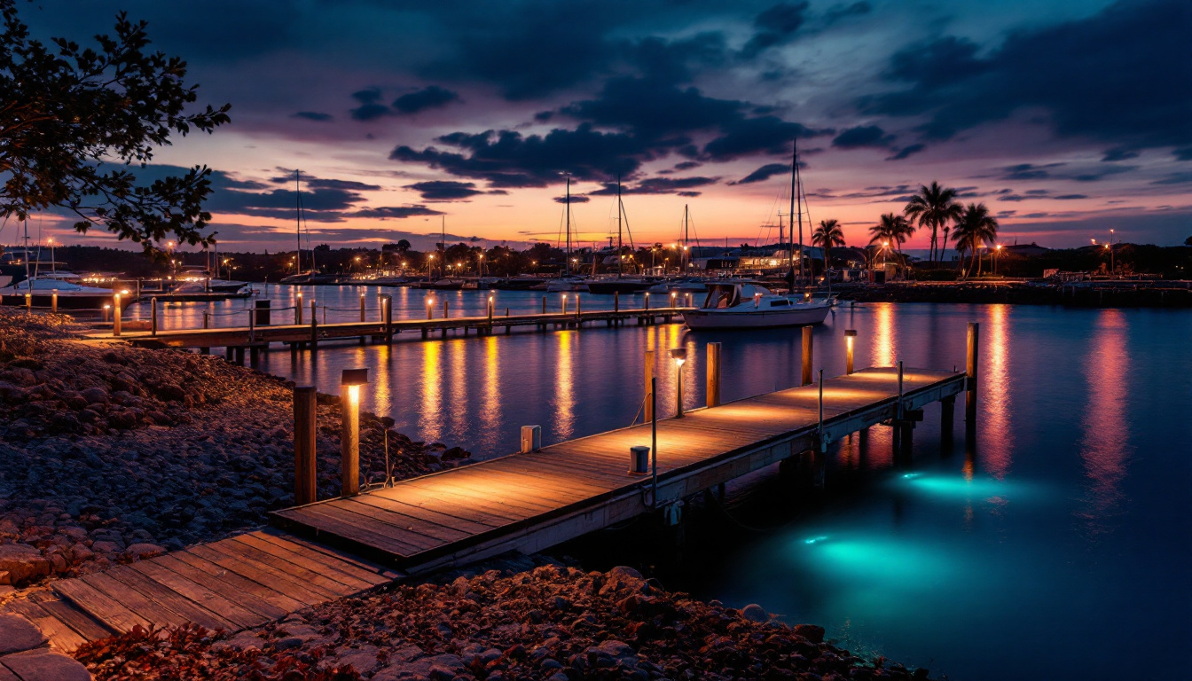 A photograph of a well-lit dock area at dusk