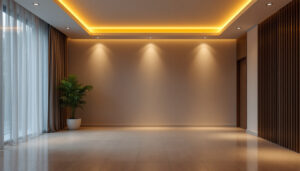A photograph of a well-designed room featuring recessed can lights that highlight the space's architectural features