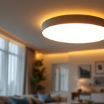 A photograph of a stylish flushmount ceiling light illuminating a modern living space