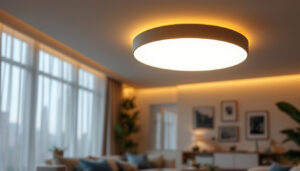 A photograph of a stylish flushmount ceiling light illuminating a modern living space