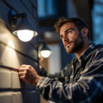A photograph of a lighting contractor installing motion-sensored lights in a residential or commercial setting