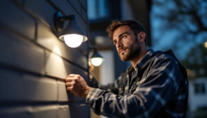 A photograph of a lighting contractor installing motion-sensored lights in a residential or commercial setting