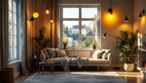 A photograph of a well-lit room showcasing various stylish lighting fixtures connected to home outlets