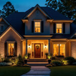 A photograph of a beautifully illuminated home exterior at dusk
